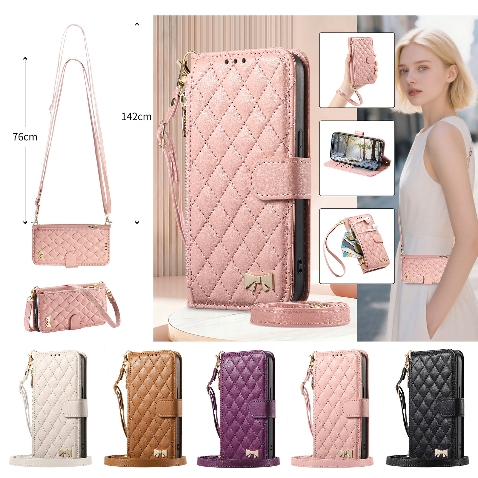 Phone Cases With Loop - PU Leather Zipper Crossbody Wrist Strap